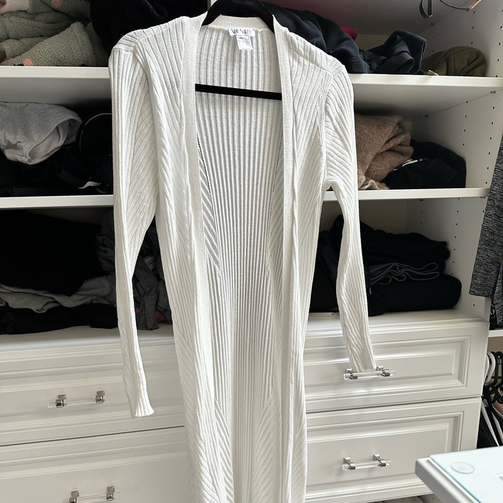 Very versatile, perfect white long sweater duster size small white cardigan